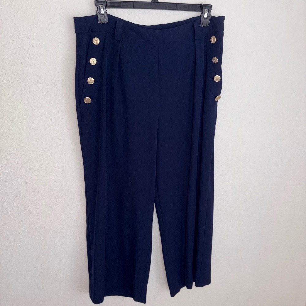 DKNY Sailor Pants 16 Navy Blue Excellent Wide Leg Gold Button Cropped Trousers